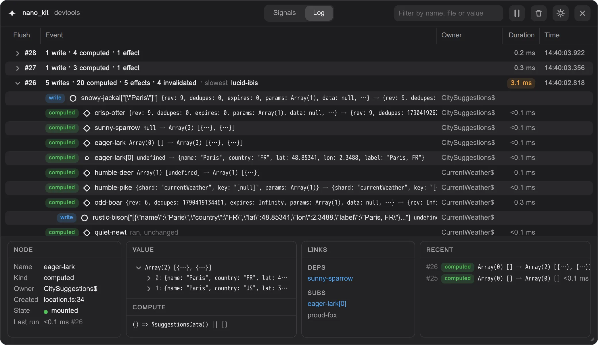 The Log tab: a transaction opened into the writes, computeds and effects it ran, with their owners and durations