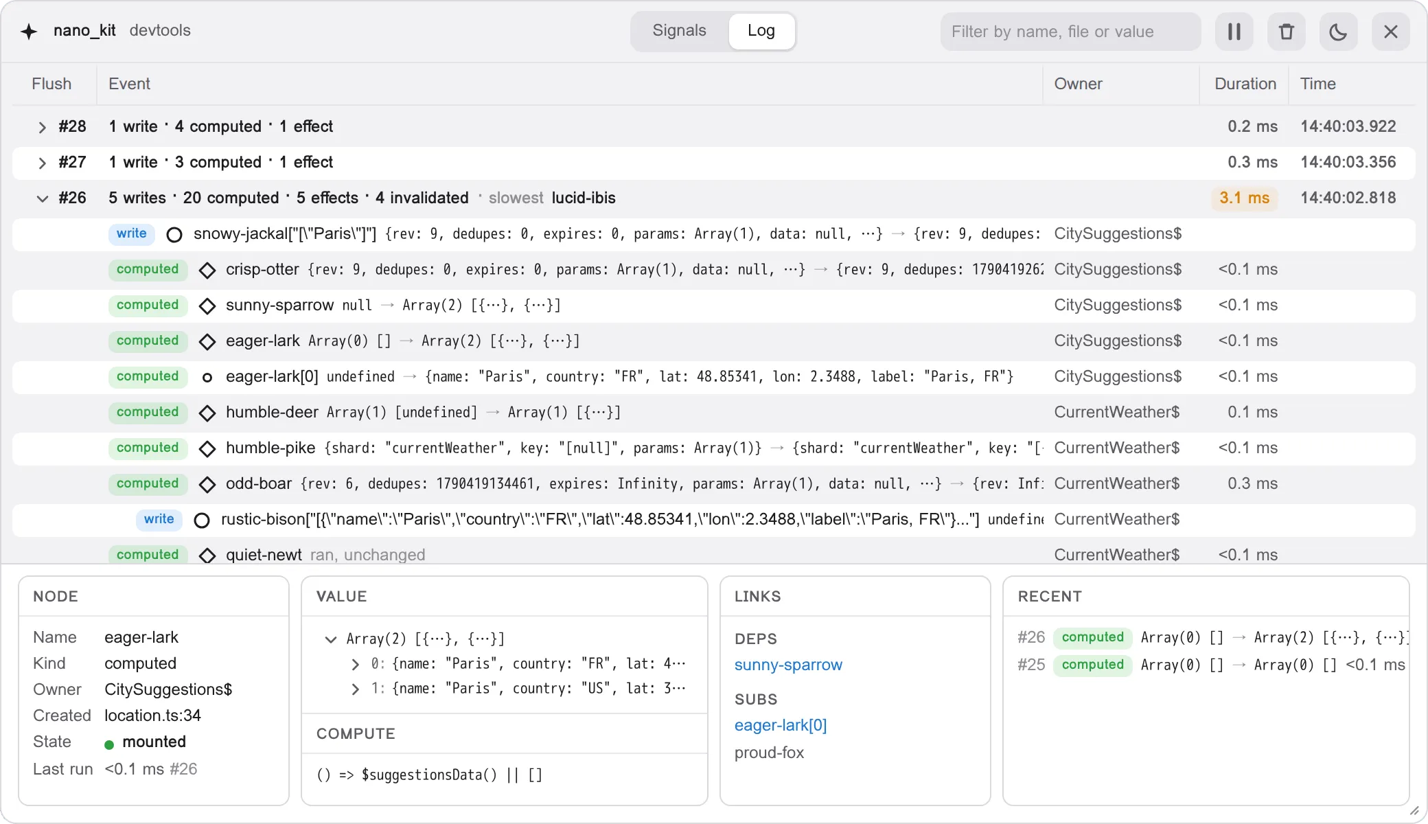 The Log tab: a transaction opened into the writes, computeds and effects it ran, with their owners and durations